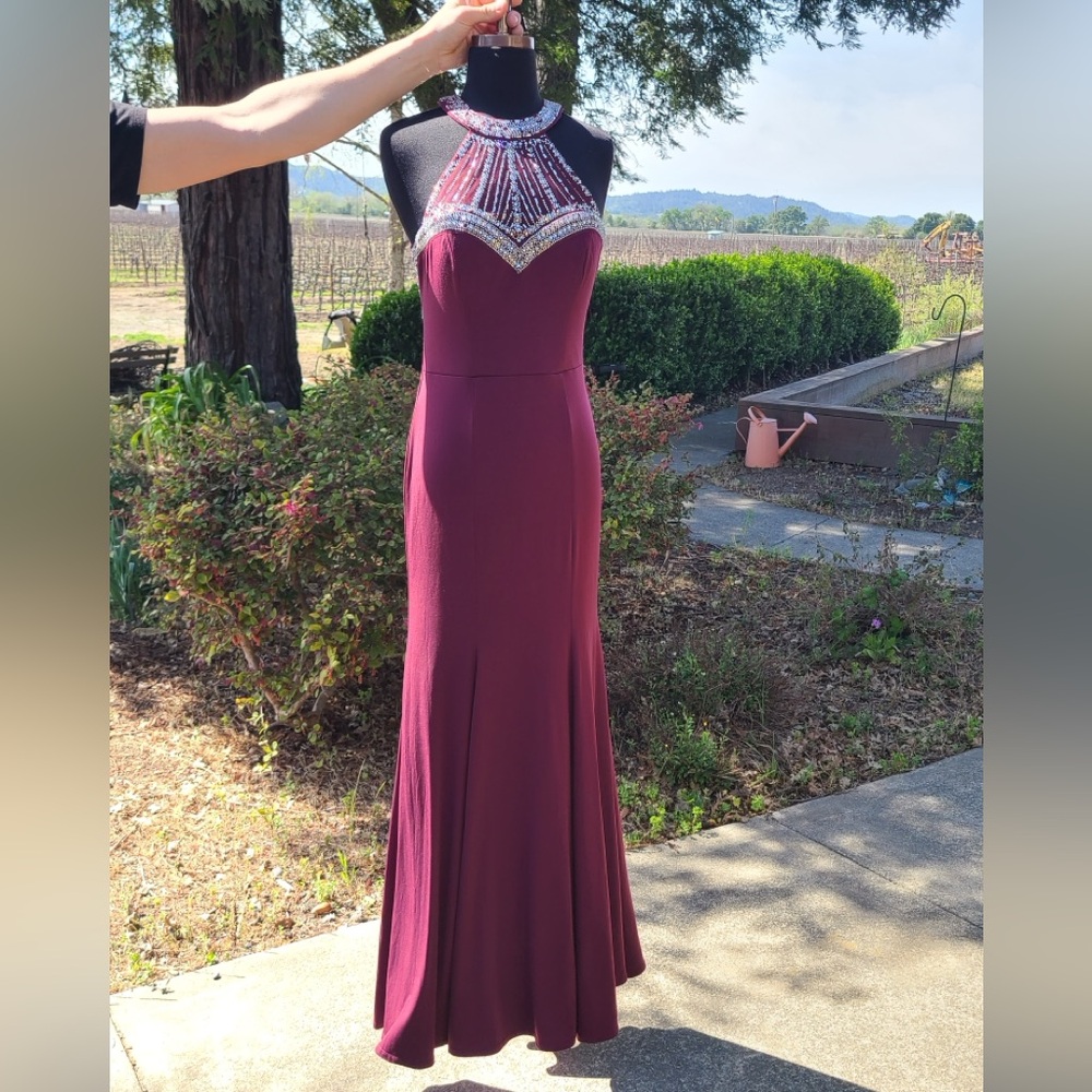 Say Yes to the Prom Jeweled High Neck Maxi Dress, jeweled collar wine red sz 5 - Picture 1 of 15